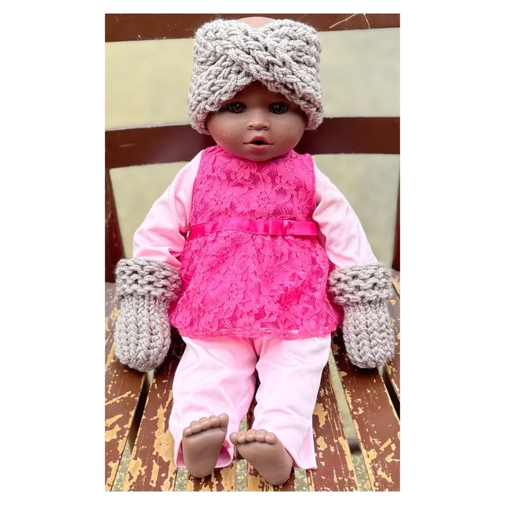 Hand Crafted Knit Baby Headband and Mittens set 0-3months Sparkly Gray Taupe